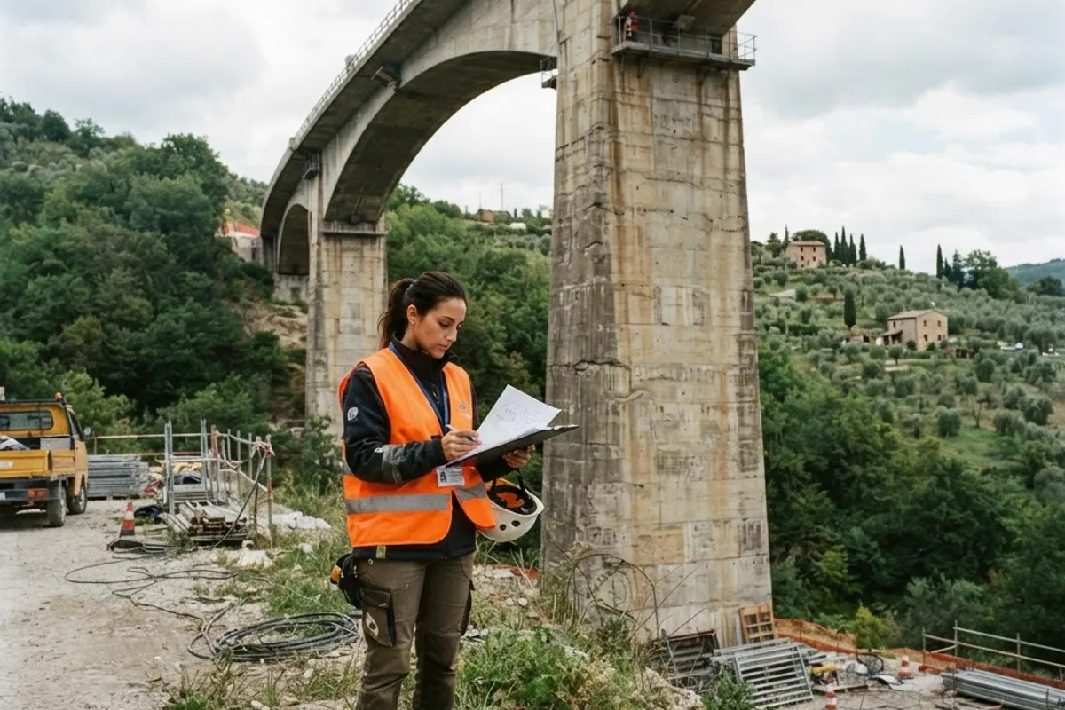 Ispettore che verifica un ponte con una checklist