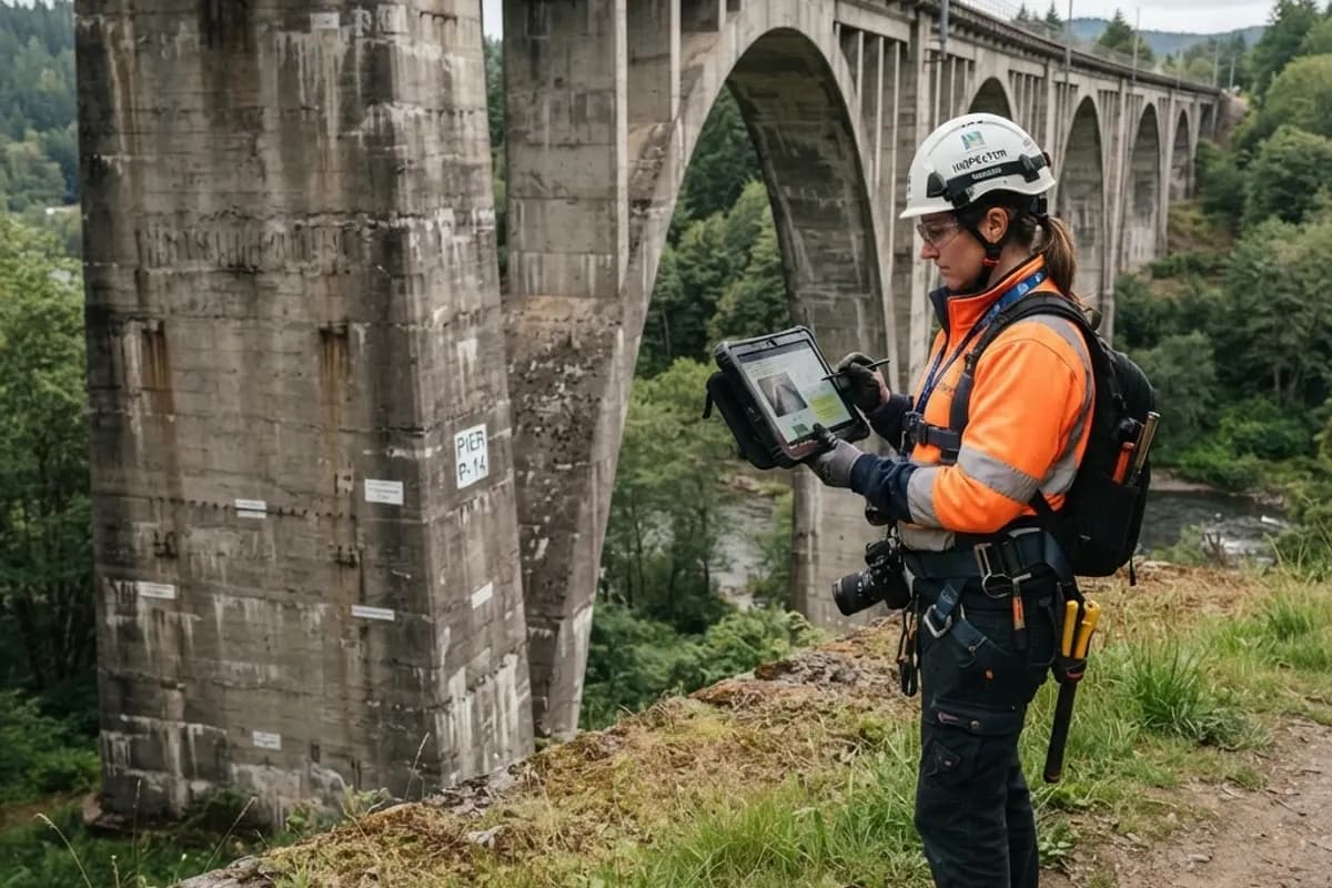 Ispettore che usa un tablet accanto a un viadotto