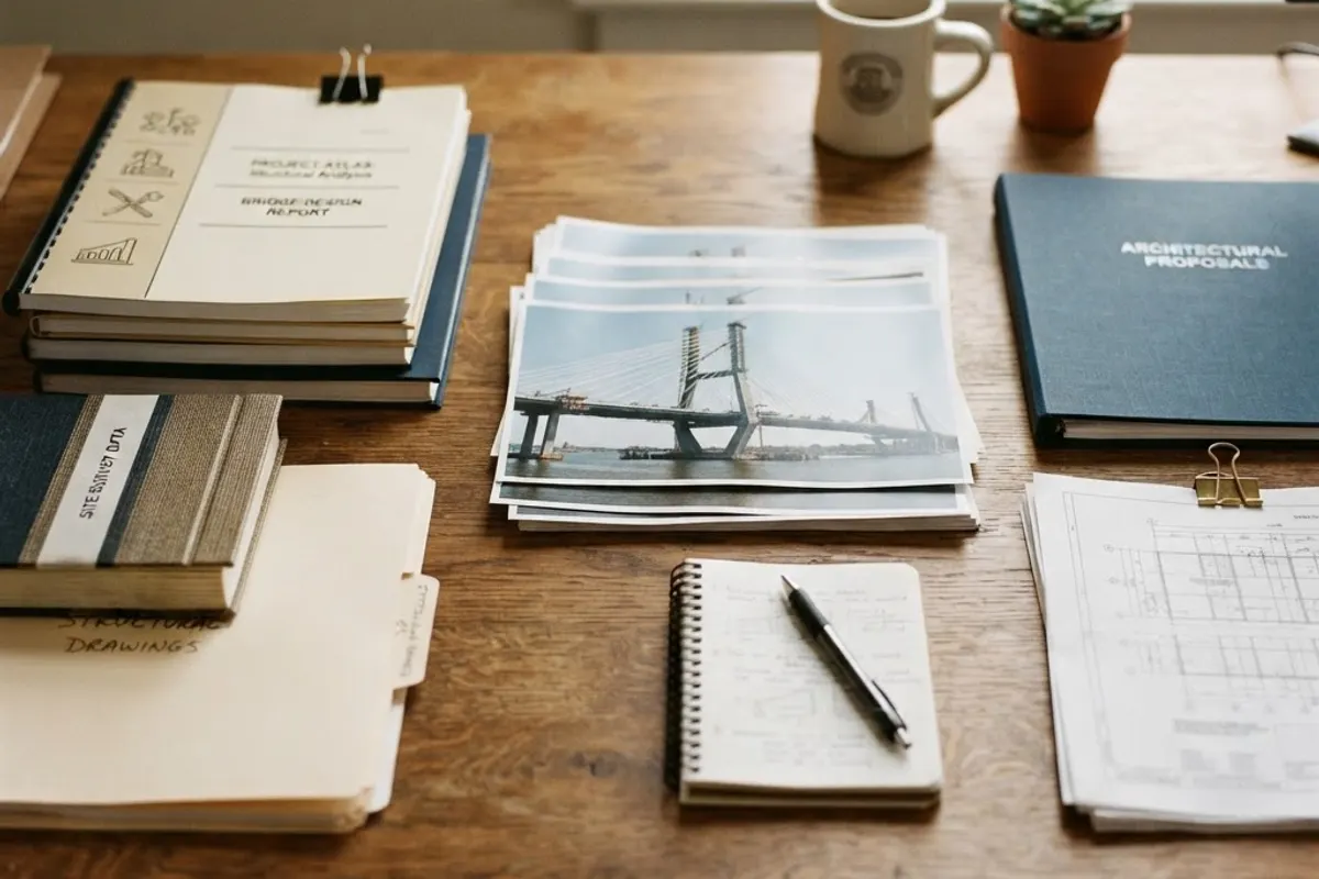 Rapporti e fotografie tecniche organizzati su una scrivania